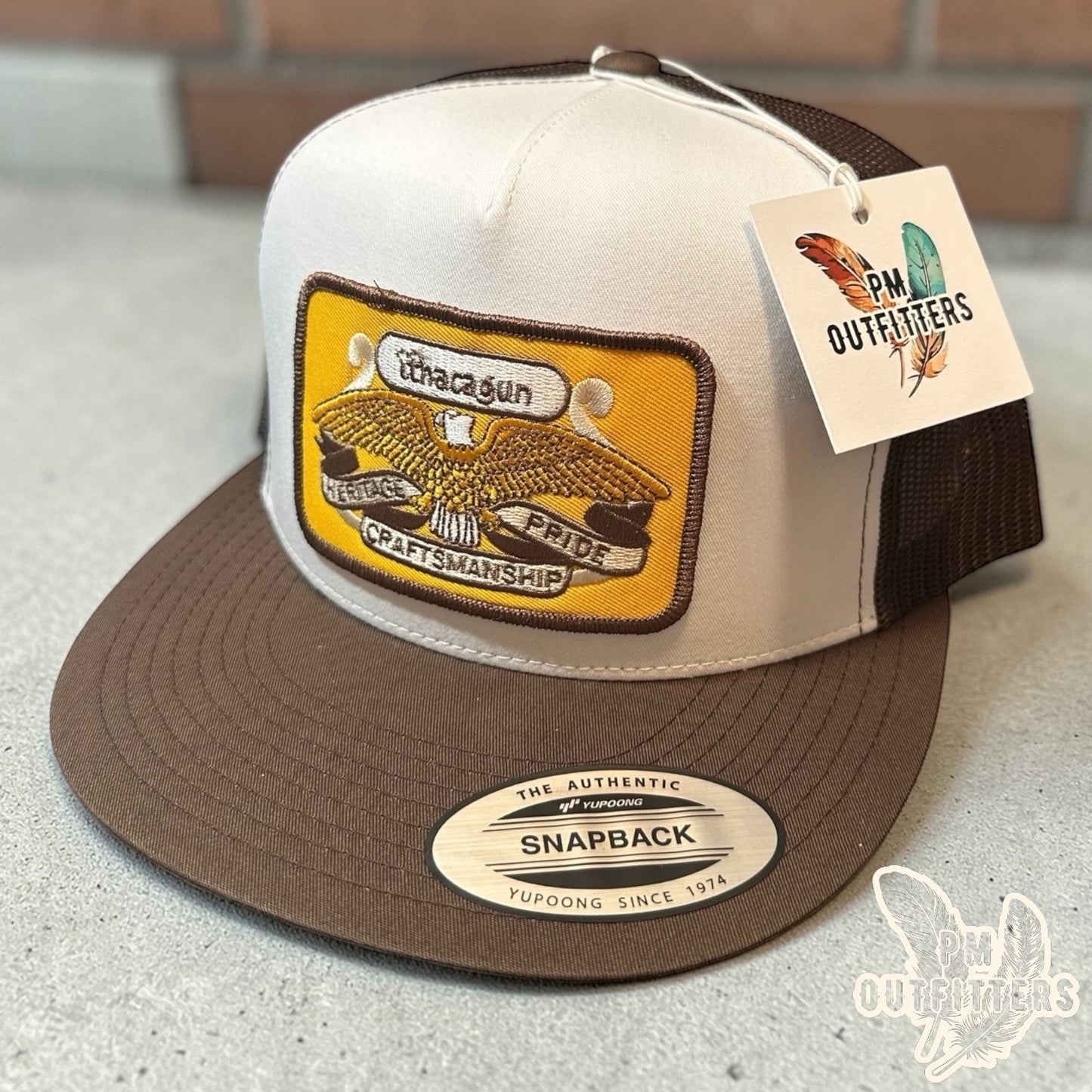 Ithaca Gun Company Trucker Hat — PM Outfitters Heritage Patch | Yupoong Flat Bill White Brown Firearms Heritage
