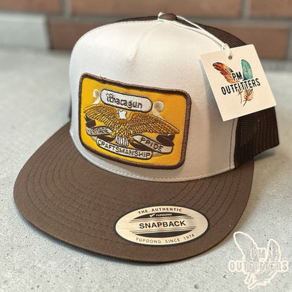 Ithaca Gun Company Trucker Hat — PM Outfitters Heritage Patch | Yupoong Flat Bill White Brown Firearms Heritage
