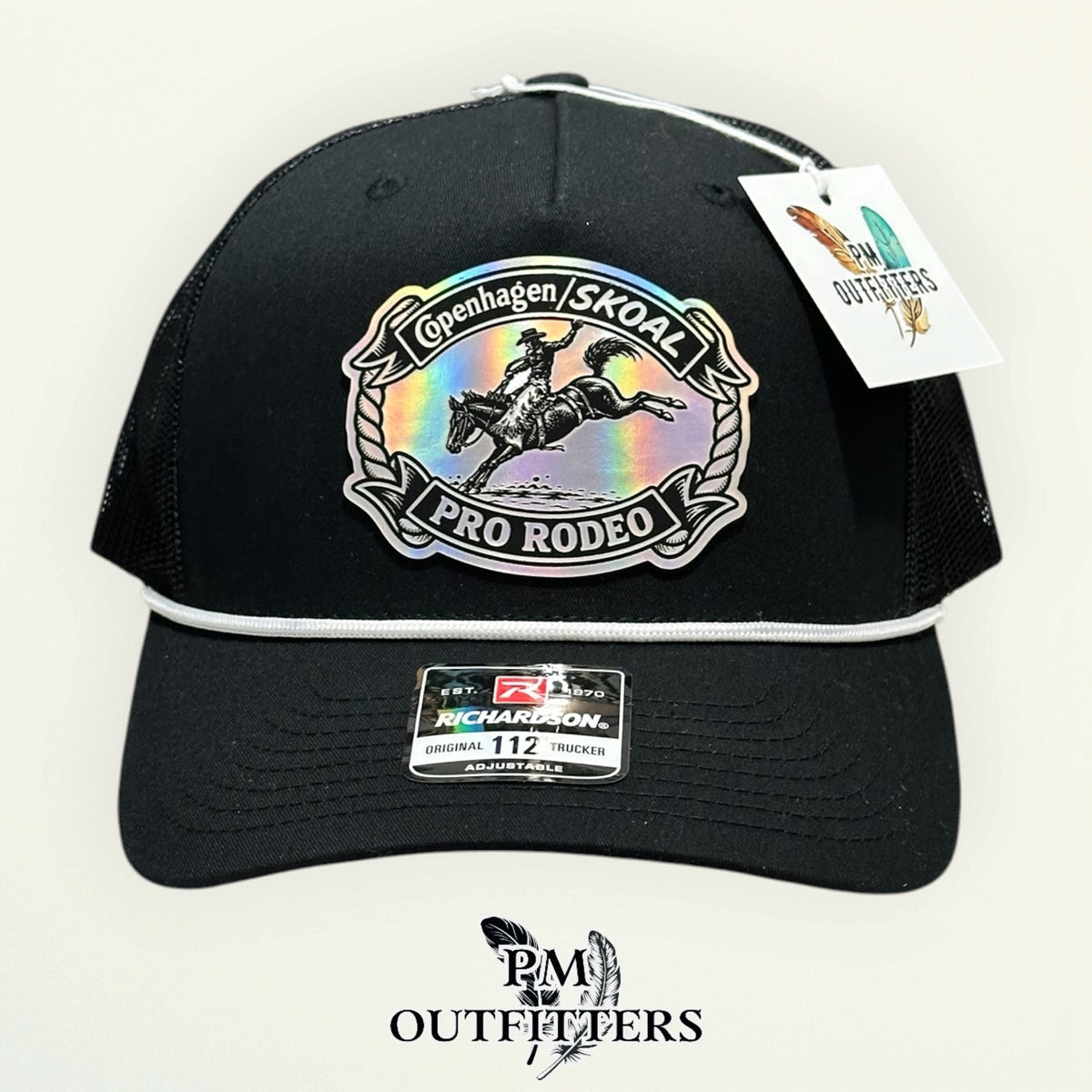 Copenhagen Skoal Pro Rodeo trucker hat profile view white rope brim black front