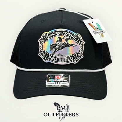 Copenhagen Skoal Pro Rodeo trucker hat profile view white rope brim black front