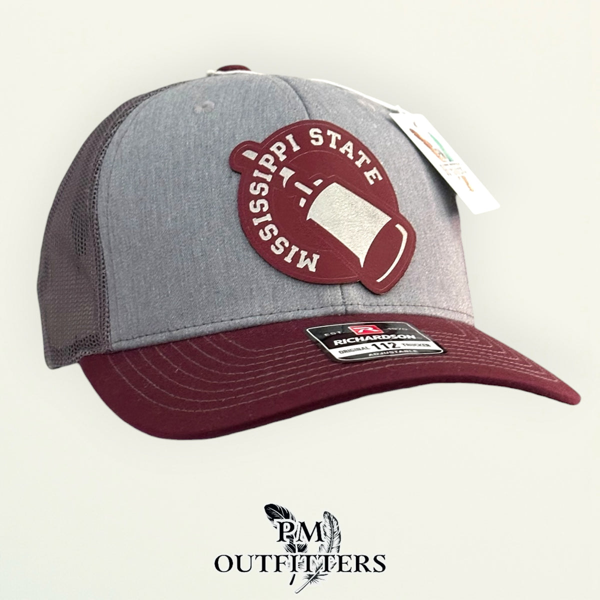 PM Outfitters Mississippi State cowbell laser engraved maroon vegan leather patch Richardson 112 gray maroon trucker hat