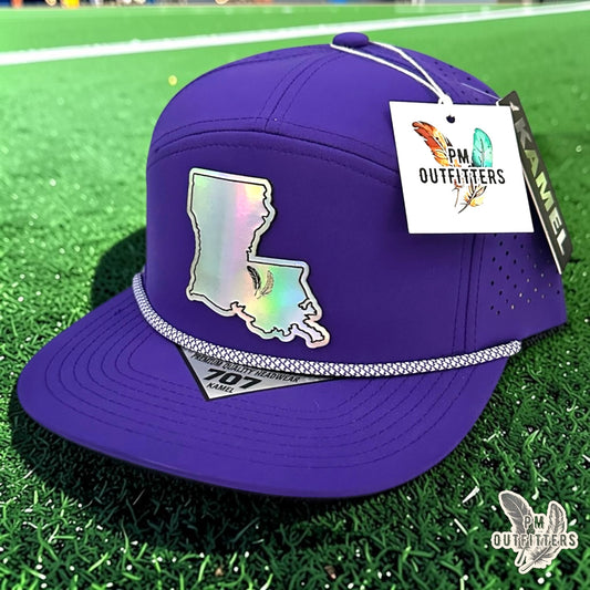 PM Outfitters LSU Tailgate Season holographic vegan leather Louisiana state outline patch trucker hat Baton Rouge two-feather logo purple gold