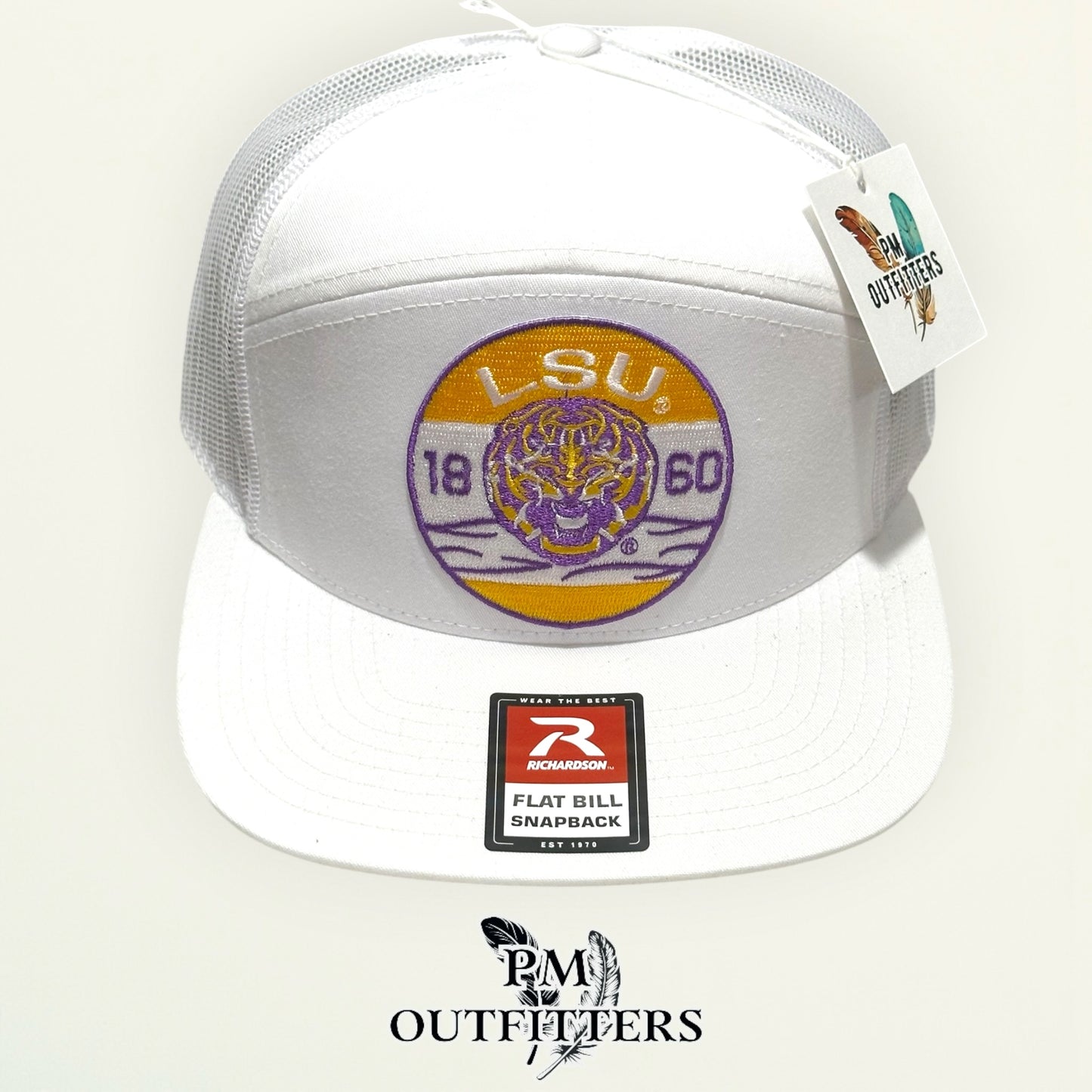 LSU Tigers Retro Badge Trucker Hat | PM Outfitters Richardson 168 All White Flat Bill | Geaux Tigers