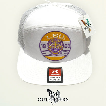 LSU Tigers Retro Badge Trucker Hat | PM Outfitters Richardson 168 All White Flat Bill | Geaux Tigers