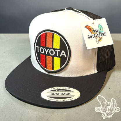 Toyota Retro Stripes Trucker Hat — PM Outfitters Racing Patch | Yupoong Flat Bill White Black Motorsports Heritage