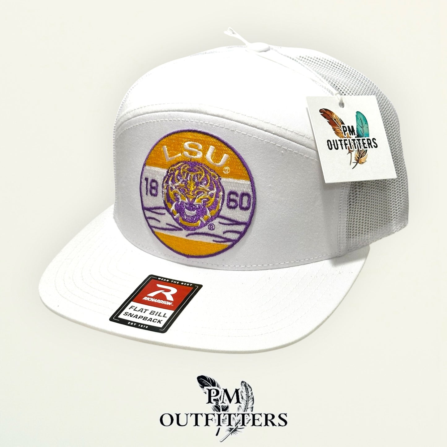 LSU Tigers Retro Badge Trucker Hat | PM Outfitters Richardson 168 All White Flat Bill | Geaux Tigers