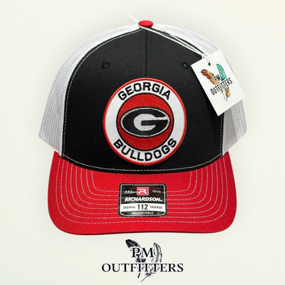 PM Outfitters Georgia Bulldogs circular logo embroidered patch Richardson 112 black white red trucker hat