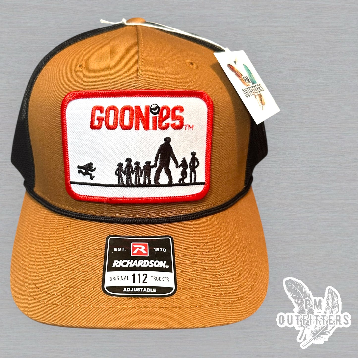 Vintage Goonies Patch Trucker Hat - Richardson 112 Caramel Black Rope