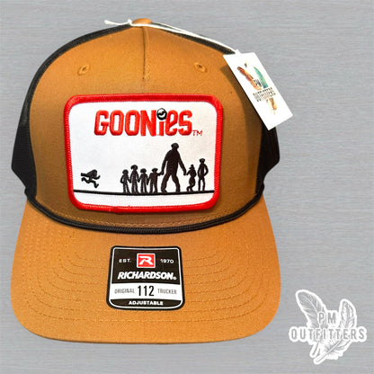 Vintage Goonies Patch Trucker Hat - Richardson 112 Caramel Black Rope