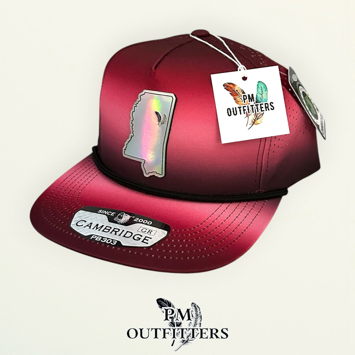 PM Outfitters Mississippi State Tailgate Season holographic vegan leather Mississippi state outline patch trucker hat Starkville two-feather logo maroon black gradient