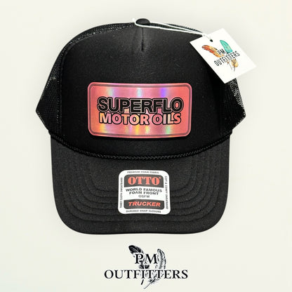 Superflo Motor Oils trucker hat black mesh back Otto foam front rope