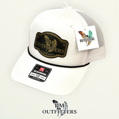 PM Outfitters hang tag white rope trucker hat black gold