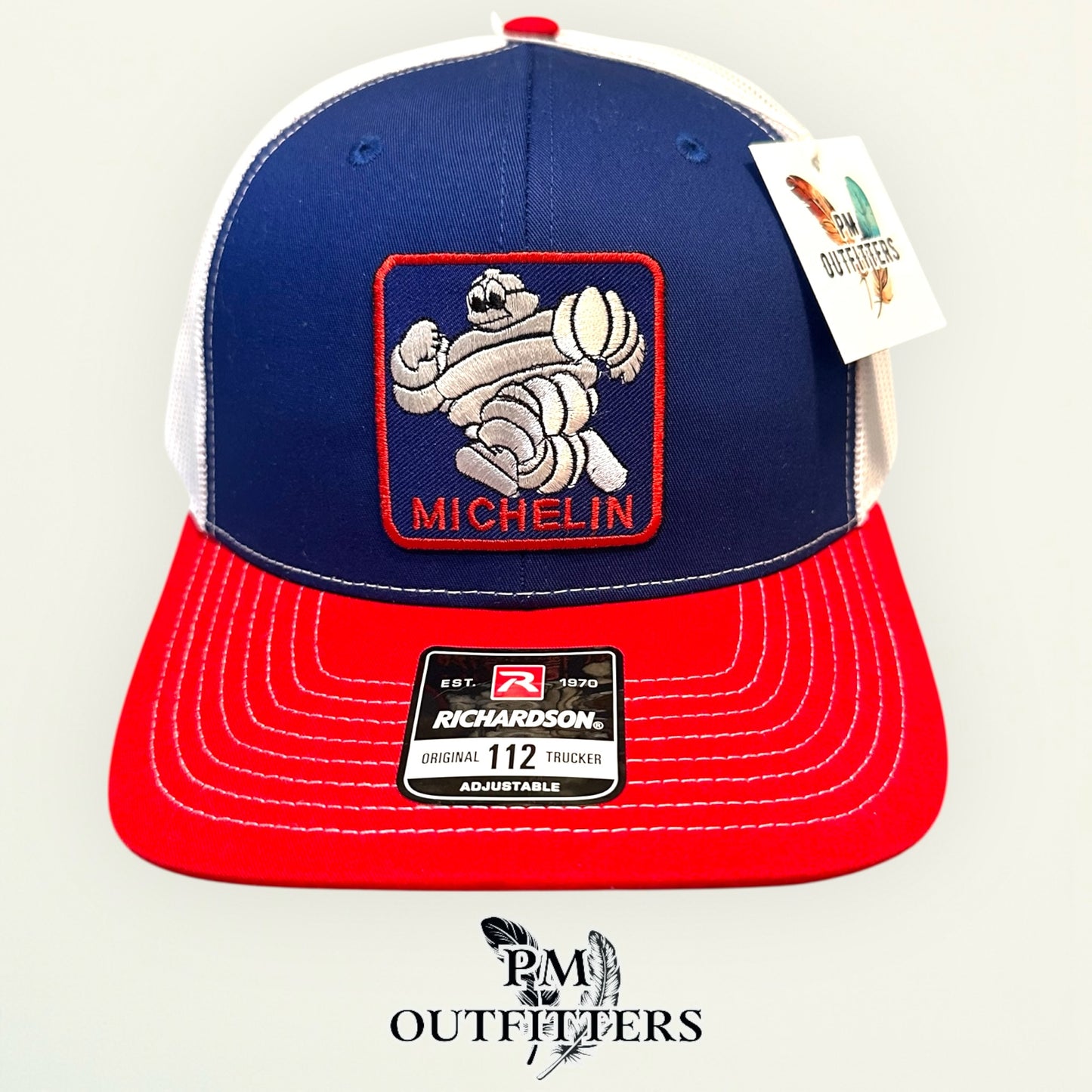 Michelin Man Trucker Hat — Retro Embroidered Patch | Richardson 112 Blue Red White