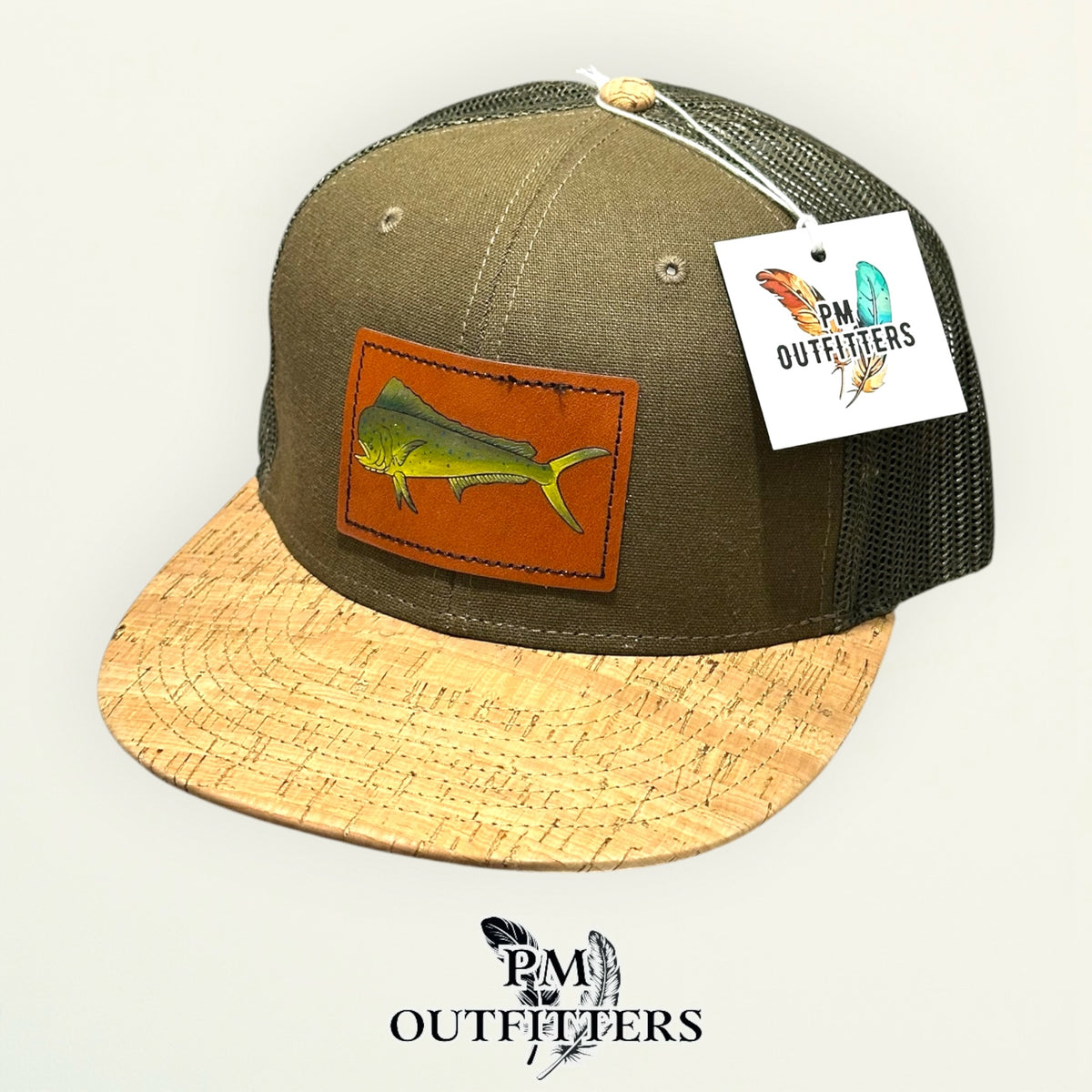Hand-painted mahi-mahi patch on an olive Otto 141 cork-bill trucker hat, PM Outfitters True Originals