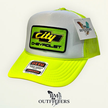 City Chevrolet Trucker Hat – PM Outfitters Days of Thunder Patch | Otto Foam Front Neon Yellow & White