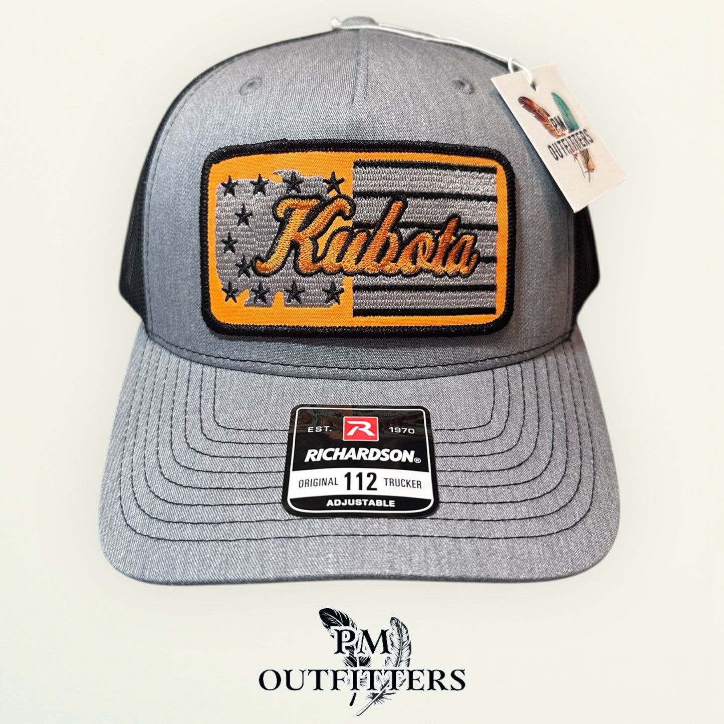 Kubota American Flag Trucker Hat | PM Outfitters Retro Patch Series | Richardson 112 Heather Gray & Black