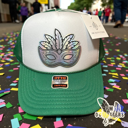 Mardi Gras Holographic Mask Trucker Hat - Green & White Otto Foam Front