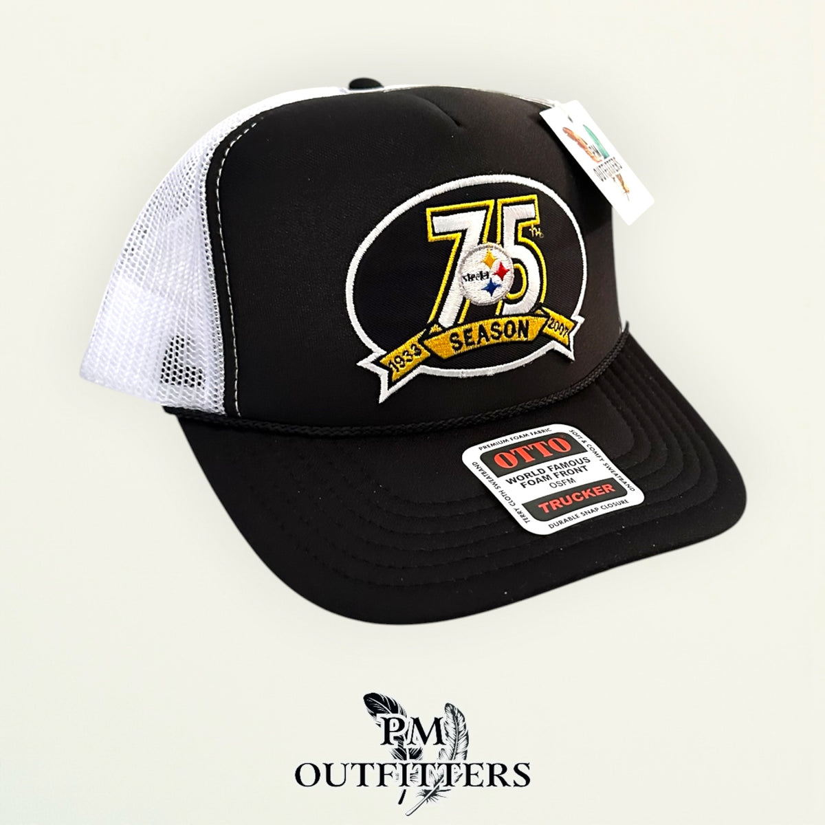 PM Outfitters Pittsburgh Steelers 75th Anniversary embroidered patch Otto foam front rope black white trucker hat