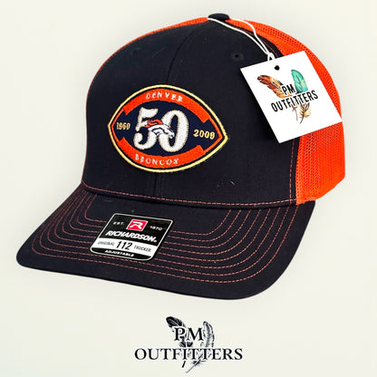 PM Outfitters Denver Broncos 50th Anniversary embroidered patch Richardson 112 black orange trucker hat