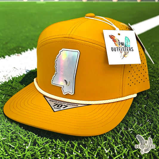 PM Outfitters Southern Miss Tailgate Season holographic vegan leather Mississippi state outline patch trucker hat Hattiesburg two-feather logo black mustard gold
