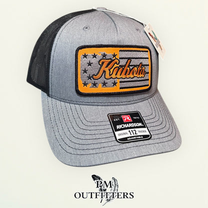 Kubota American Flag Trucker Hat | PM Outfitters Retro Patch Series | Richardson 112 Heather Gray & Black