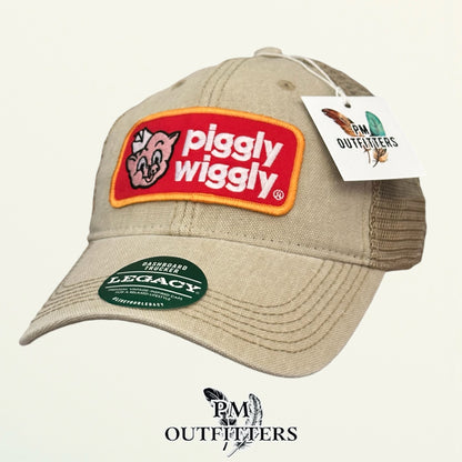 Piggly Wiggly trucker hat profile view beige canvas brim