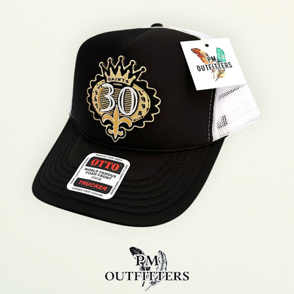 PM Outfitters New Orleans Saints 30th Anniversary embroidered patch Otto foam front rope black white trucker hat