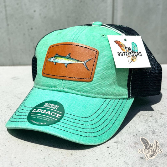 Hand-painted Spanish mackerel patch on a mint Legacy Dashboard trucker hat with black mesh back, PM Outfitters True Originals
