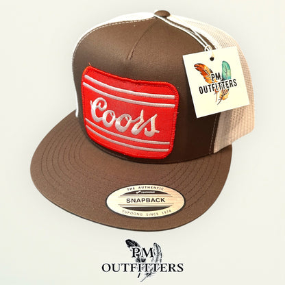 Coors Beer Trucker Hat — PM Outfitters Retro Patch | Yupoong Flat Bill Brown White Rocky Mountain Heritage