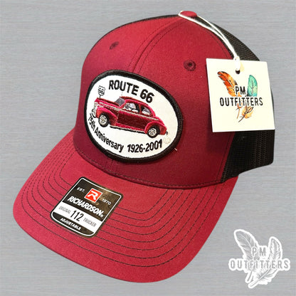 Vintage Route 66 75th Anniversary Patch Trucker Hat - Richardson 112 Maroon Black