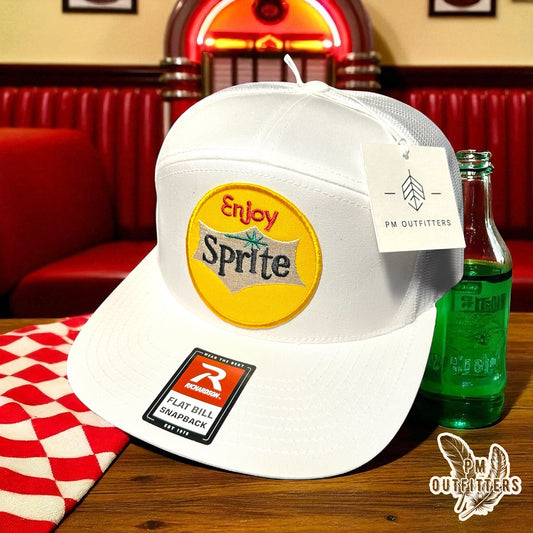 White Richardson 168 Trucker Hat - Retro Enjoy Sprite Embroidered Patch - 7-Panel Snapback Cap
