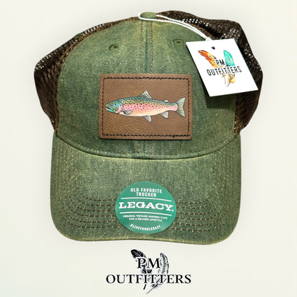 Hand-painted rainbow trout patch on an olive Legacy Old Favorite trucker hat with bronze mesh back, PM Outfitters True Originals