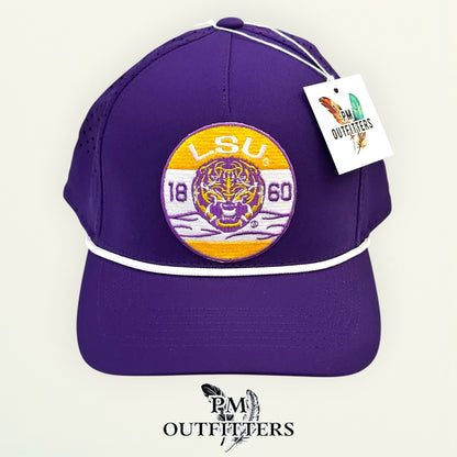 PM Outfitters LSU 1860 embroidered patch Outdoor Cap OC551PF purple white performance rope cap