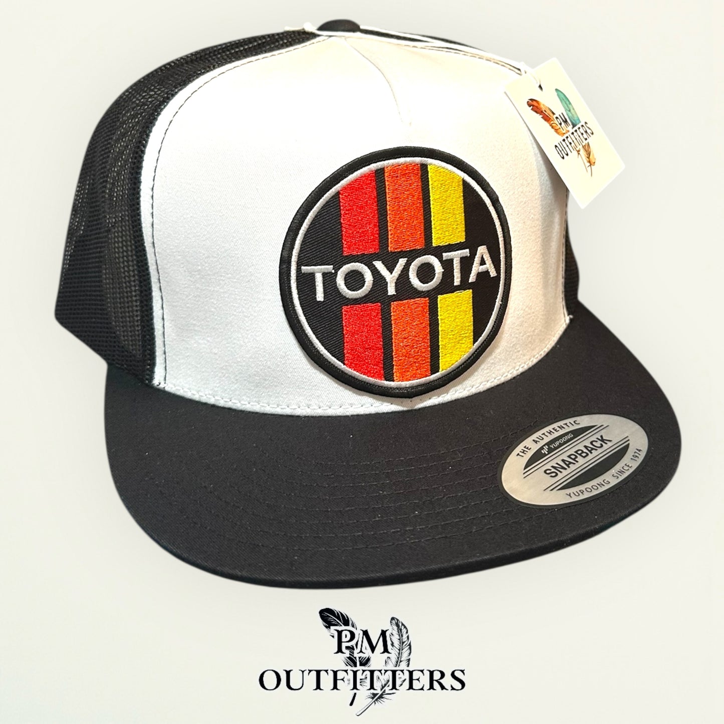 Toyota Retro Stripes Trucker Hat — PM Outfitters Racing Patch | Yupoong Flat Bill White Black Motorsports Heritage