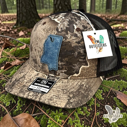 PM Outfitters Ole Miss Tailgate Season denim blue textured vegan leather patch Richardson 112 Realtree Excape camo trucker hat