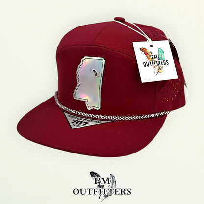 PM Outfitters Mississippi State Tailgate Season holographic vegan leather Mississippi state outline patch trucker hat Starkville two-feather logo maroon white