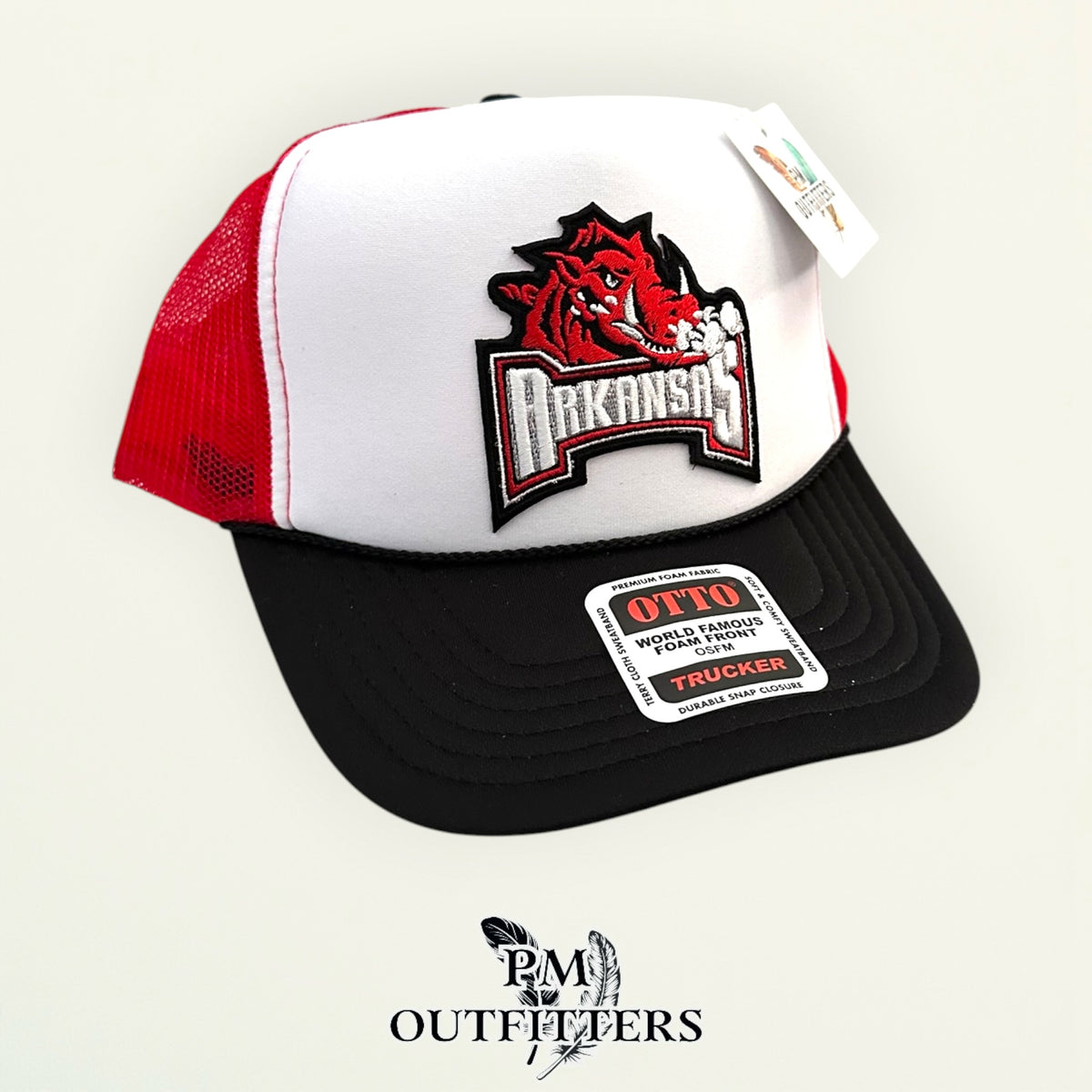 PM Outfitters Arkansas Razorbacks retro wordmark patch Otto foam front rope red black white trucker hat