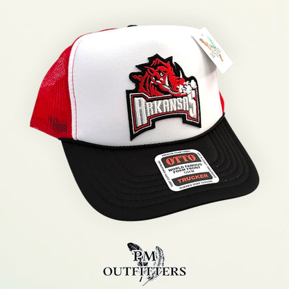 PM Outfitters Arkansas Razorbacks retro wordmark patch Otto foam front rope red black white trucker hat