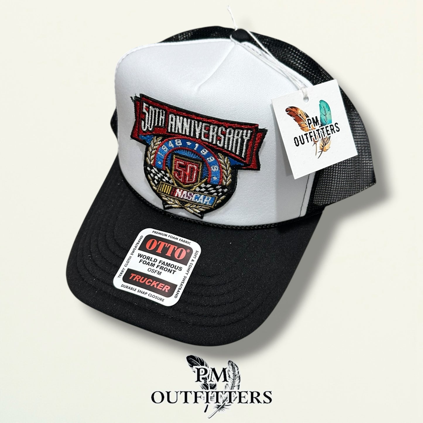 NASCAR 50th Anniversary Trucker Hat – PM Outfitters True Vintage Patch | Otto Foam Rope Black & White