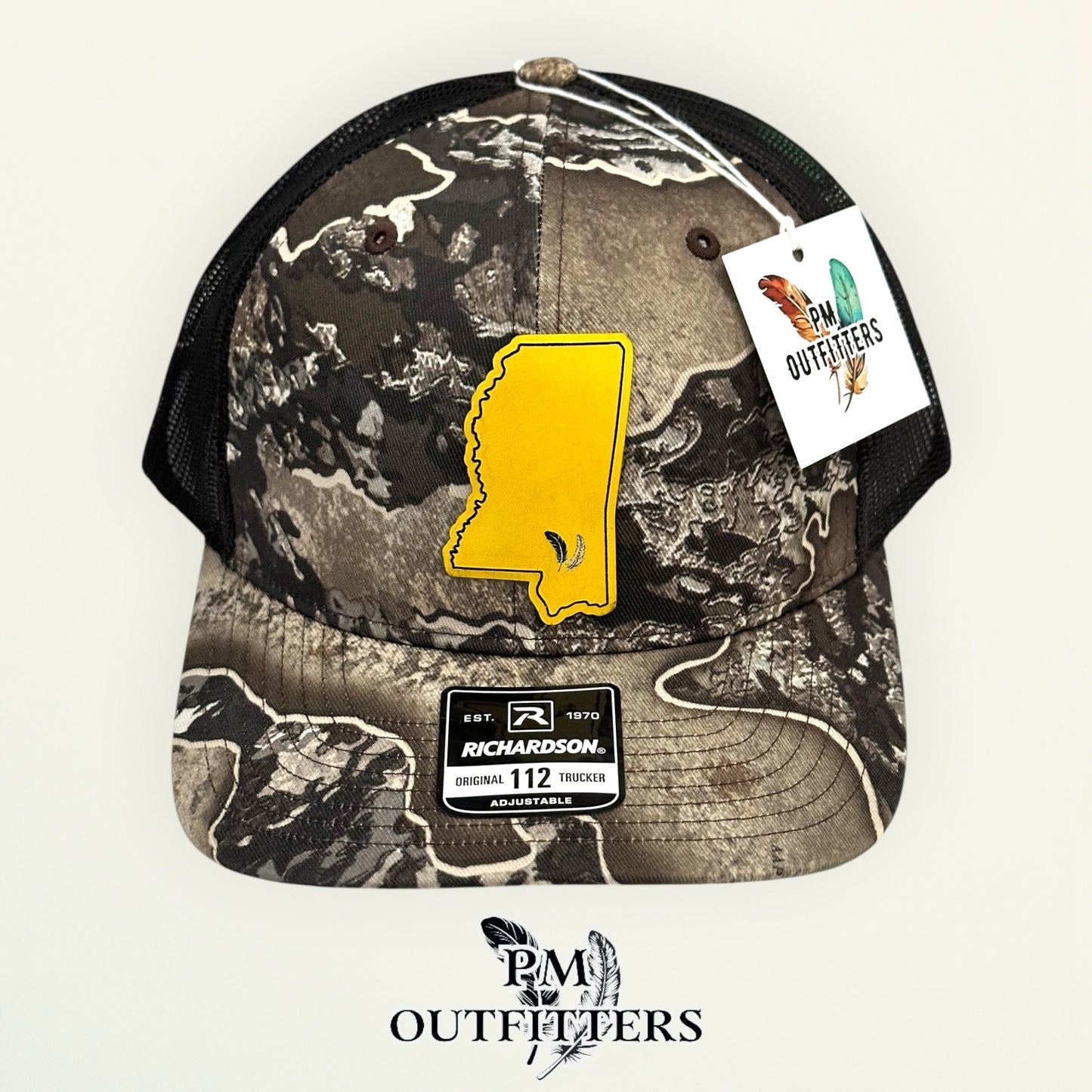 PM Outfitters Southern Miss Tailgate Season gold black vegan leather patch Richardson 112 Realtree Excape camo trucker hat