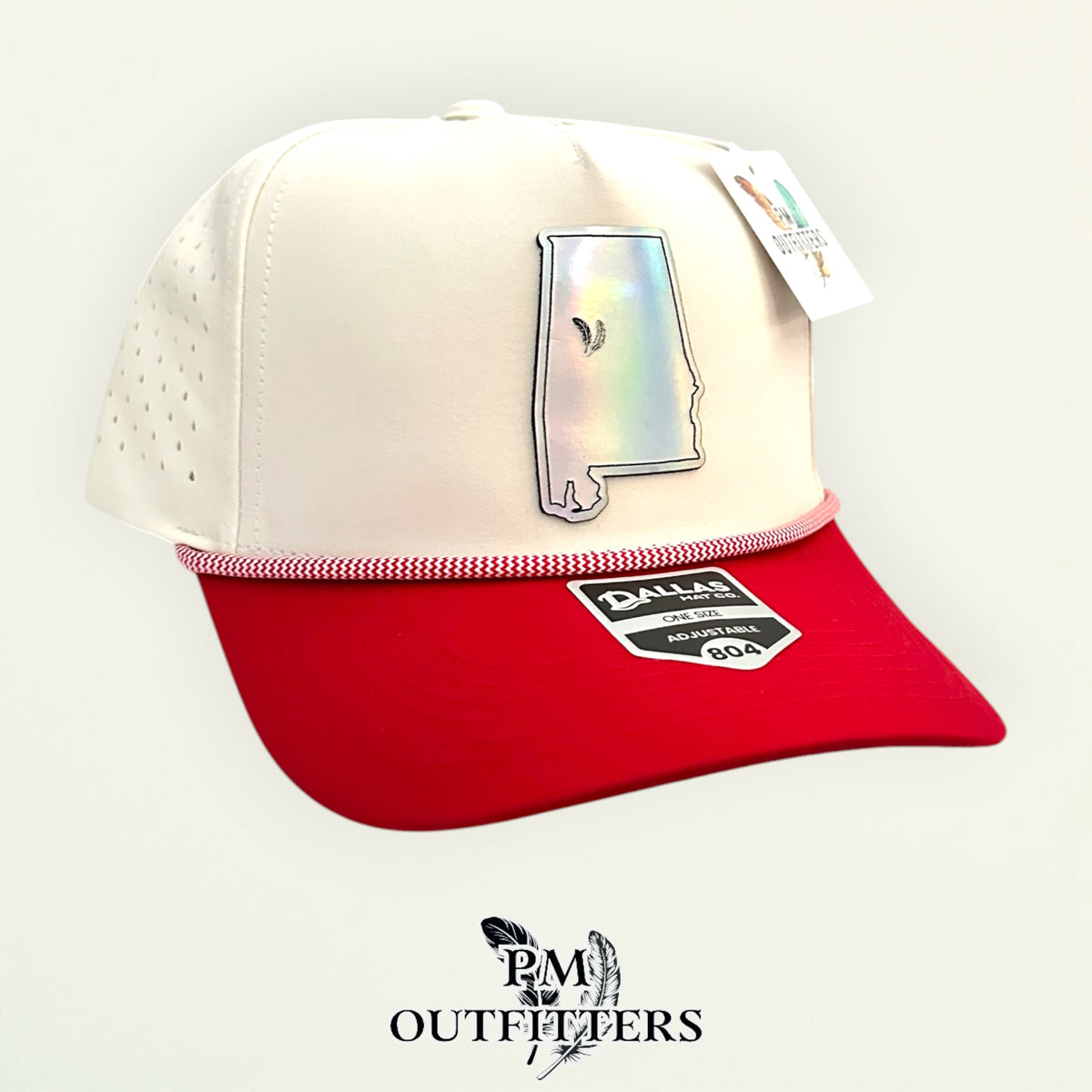 PM Outfitters Alabama Tailgate Season holographic vegan leather Alabama state outline patch trucker hat Tuscaloosa two-feather logo red white