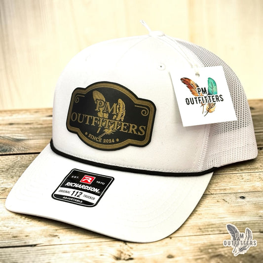 PM Outfitters signature logo rope trucker hat white Richardson 112 black gold vegan leather patch