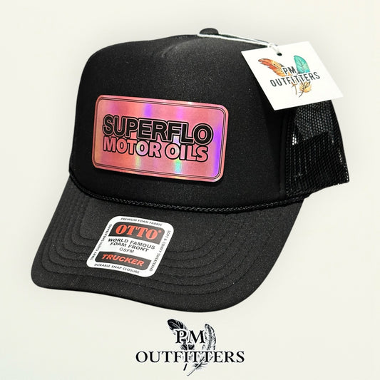 Superflo Motor Oils holographic patch detail black rope trucker hat