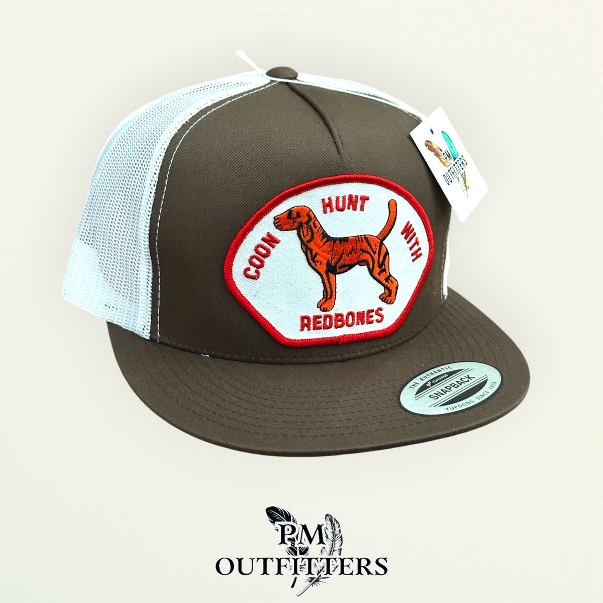 Coon Hunt With Redbones trucker hat profile view brown brim hound patch