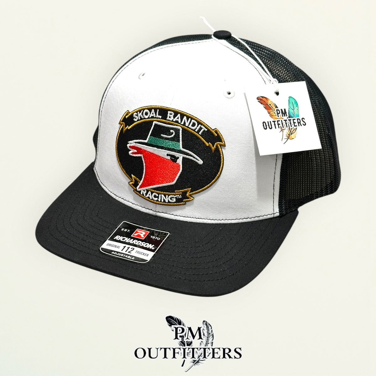PM Outfitters hang tag Skoal Bandit Racing white black trucker hat