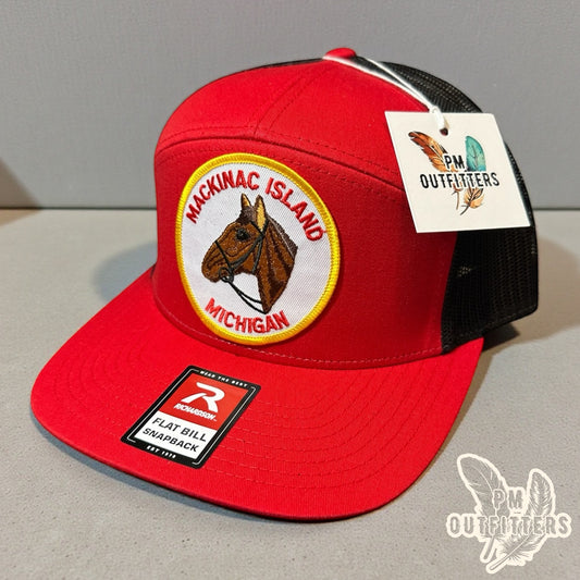 Vintage Mackinac Island Michigan Patch Trucker Hat - Richardson 168 Red Black