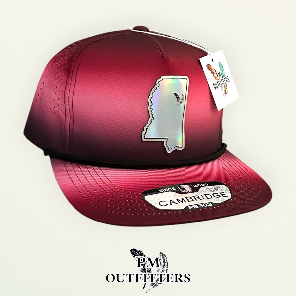 PM Outfitters Mississippi State Tailgate Season holographic vegan leather Mississippi state outline patch trucker hat Starkville two-feather logo maroon black gradient