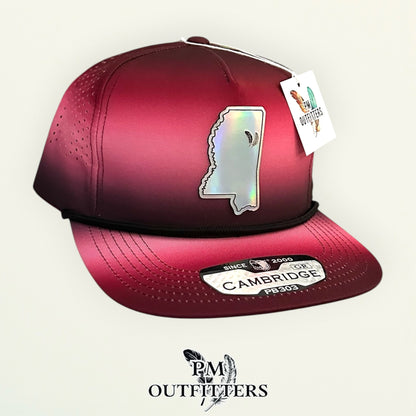 PM Outfitters Mississippi State Tailgate Season holographic vegan leather Mississippi state outline patch trucker hat Starkville two-feather logo maroon black gradient