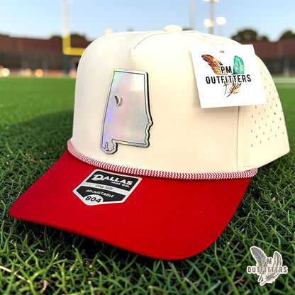 PM Outfitters Alabama Tailgate Season holographic vegan leather Alabama state outline patch trucker hat Tuscaloosa two-feather logo red white