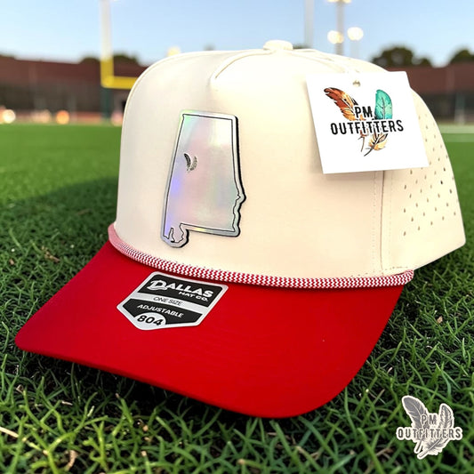 PM Outfitters Alabama Tailgate Season holographic vegan leather Alabama state outline patch trucker hat Tuscaloosa two-feather logo red white